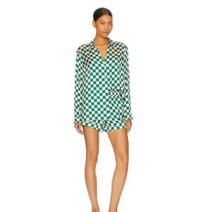 Show Me Your Mumu Revolve Pajama Set Shorts M Button Silky Check Collar Green